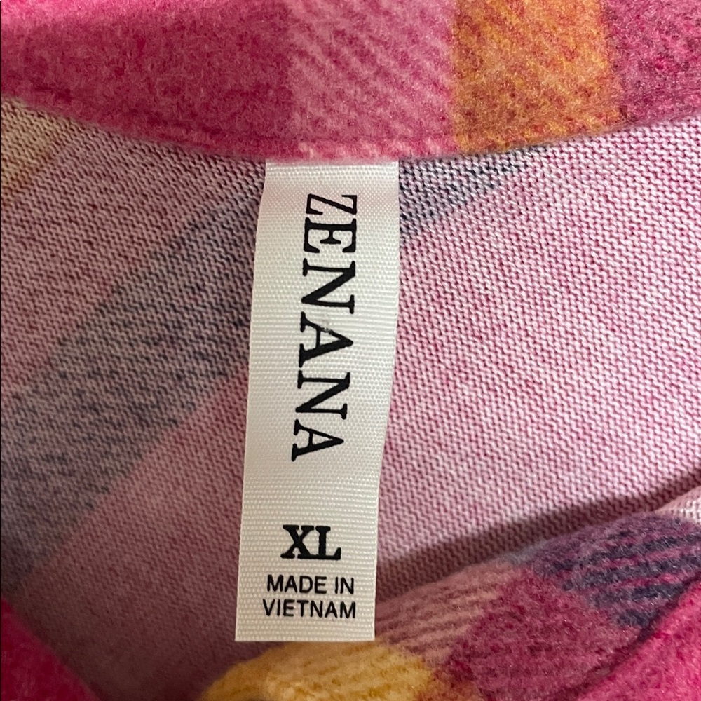 Zenana size XL Pink and Orange Plaid Fleece Button Down Shirt with Pockets - Picture 2 of 10